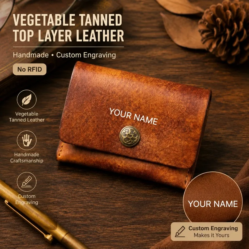 New Vegetable Tanned Leather Slim Card Holder Wallet Handmade Vintage Minimalist Coin Purse Pocket Gift Custom Engraving