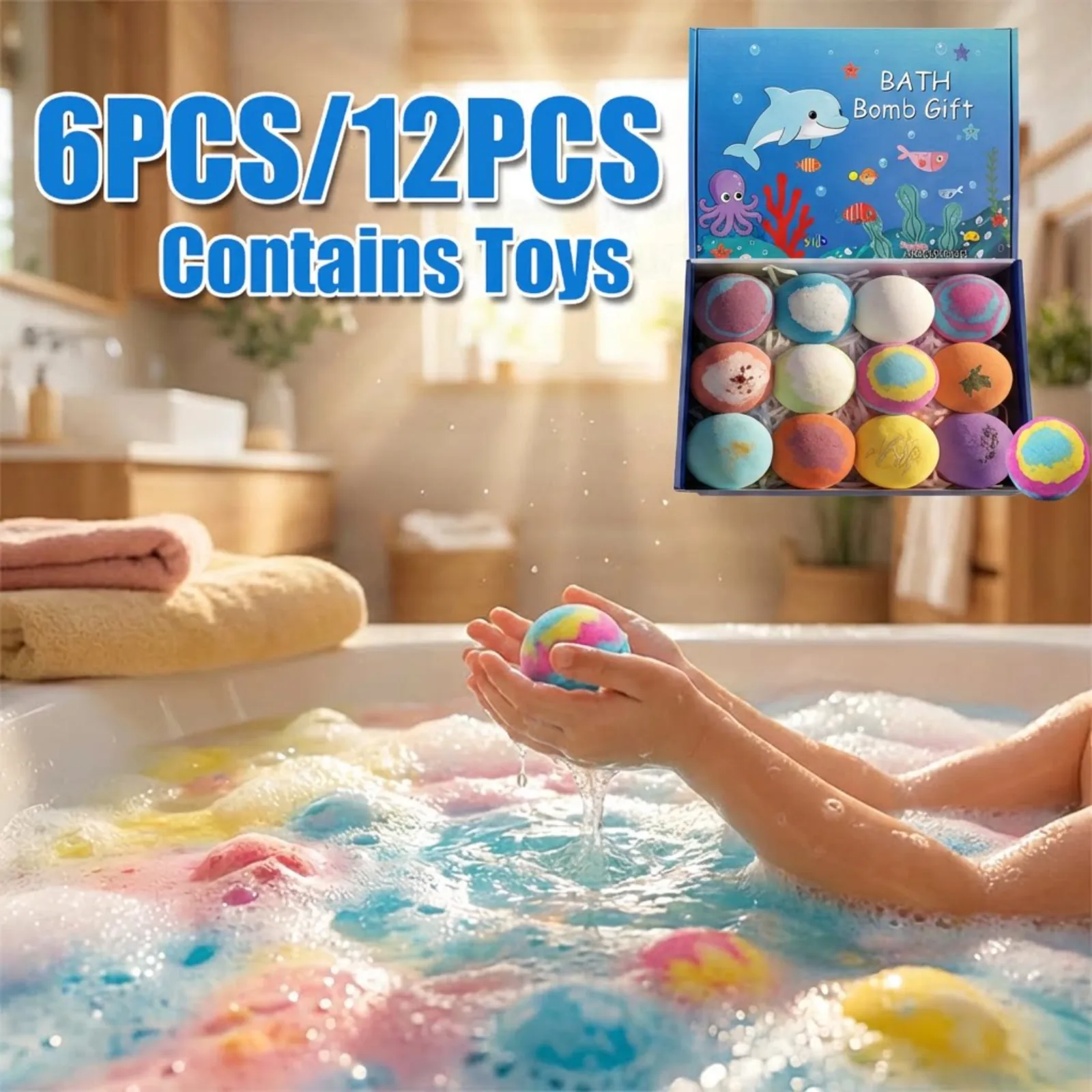 6-12 Bombas de Baño con Juguete Sorpresa en el Interior, Bombas de Baño Naturales con Mega Burbujas, Tema Oceánico, Set Amigable con la Piel, Regalo de Cumpleaños
