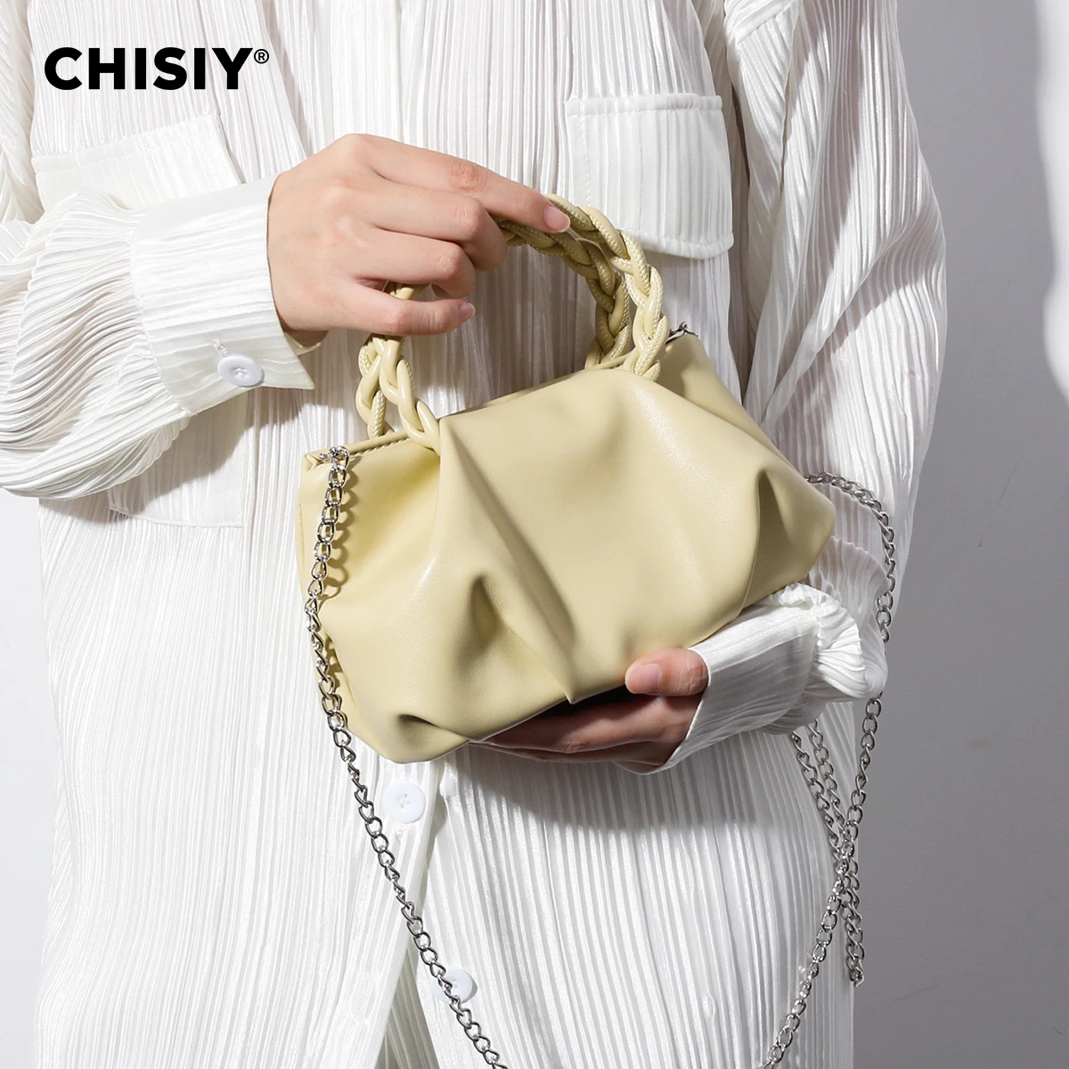 1 piece of CHISIY original handmade woven pleated solid cream yellow synthetic leather fashionable large capacity handbag