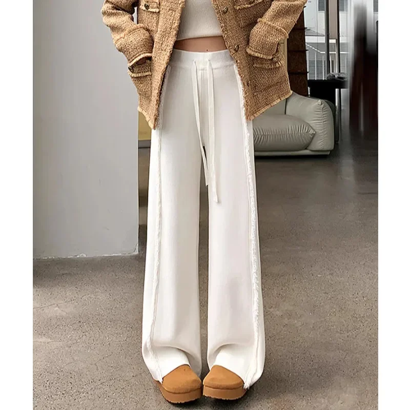 Neploe Korean Tassel Fringed Knitted Pants Femme 2025 Autumn Winter Slimming Floor Length Elastic Waistband Drawstring Trousers