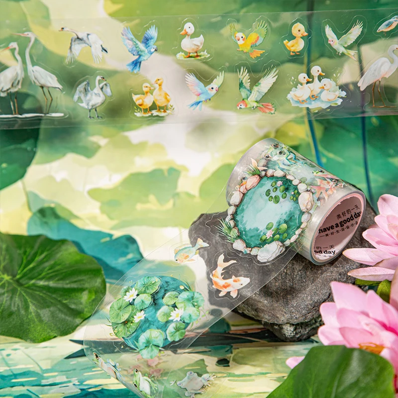 PET Tape For Summer Pond Lotus Duck Pattern Design Creative Background Collage DIY Greeting Card Cup Photo Frame Decoration