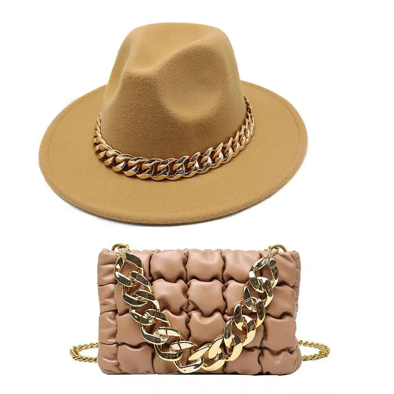 Women Fedora Hat Chain accessory bags solid color winter black wool felt fedora with big gold chain fall colors