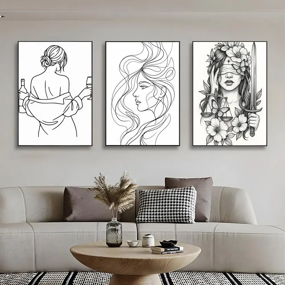 Black White Line Woman Sketch Poster High-definition stickers ideal gifts for living rooms hallways