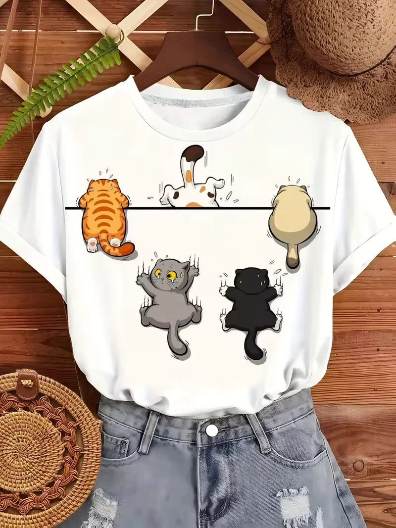 Women'S Short-Sleeved T-shirt with Illustrations Cat Climbing Wall , Print T Shirts Summer Women Fashion Casual Tee Tops