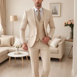 Beige Men Suits 3 Piece Fashion Single Breasted Formal Wedding Tuxedo Fashion Smart Casual Office Suits (Jacket+Vest+Pants)