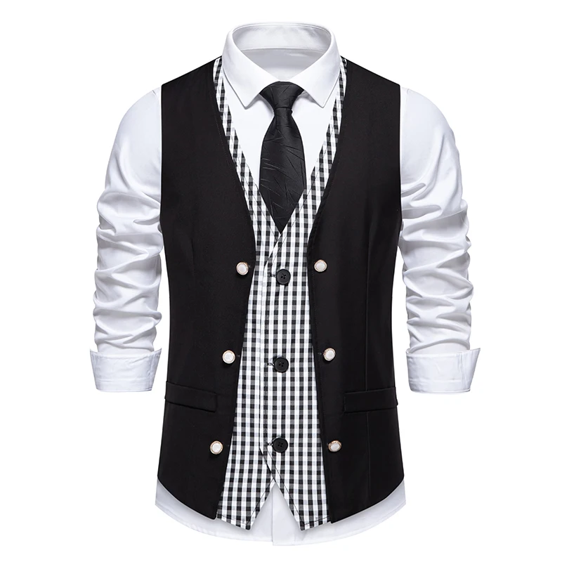Men Retro Lapel Business Vest Fake Two Piece Suit Vest British Casual Vintage Gentleman Party Dress Suit Vest Waistcoat