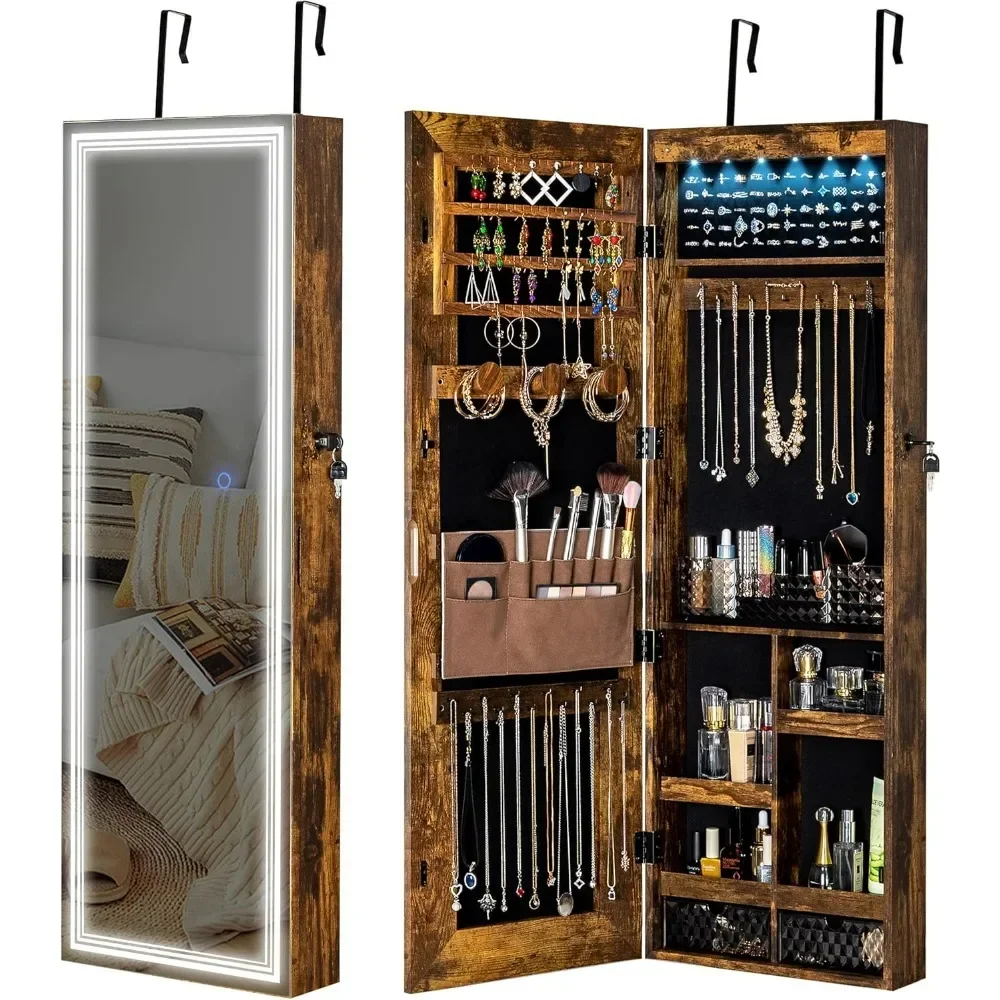 Jewelry Cabinet with 3 Groove Mirror Lamps, Full Length Mirror, Wall/Door Mounted Jewelry Armoire Organizer with 3 Color Outside