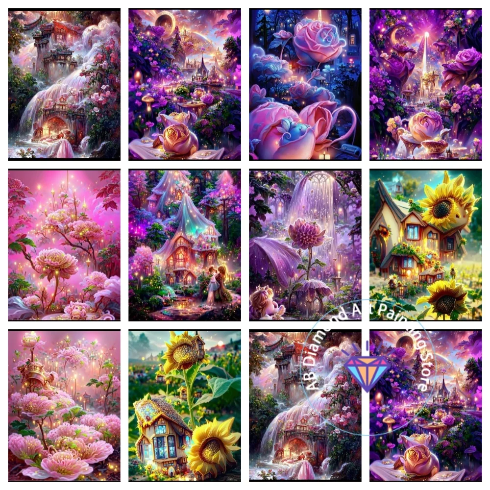 

New Flower Dream Landscape AB Diamond Painting Kit Square Round Diamond 5D DIY Rose Castle Mosaic Handmade Art Gift Home Decor