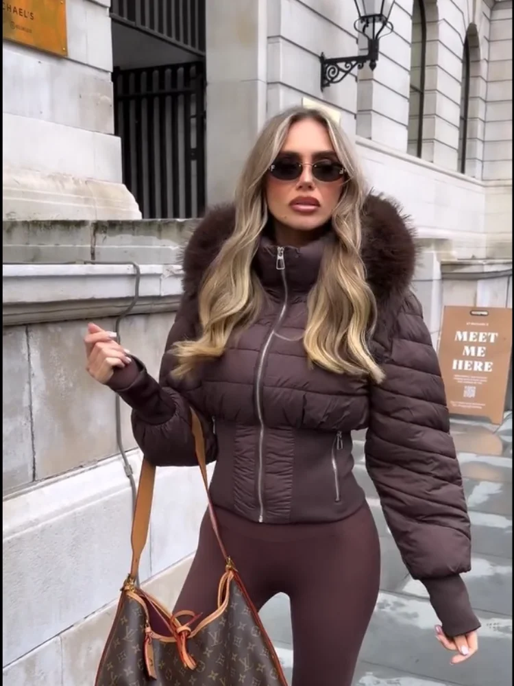 Ladies Cropped Puffer Jacket Stand Collar Full Zip Long Sleeve Ribbed Hem Warm Slim Fit Winter 2026 Lady Daily Casual Outfit