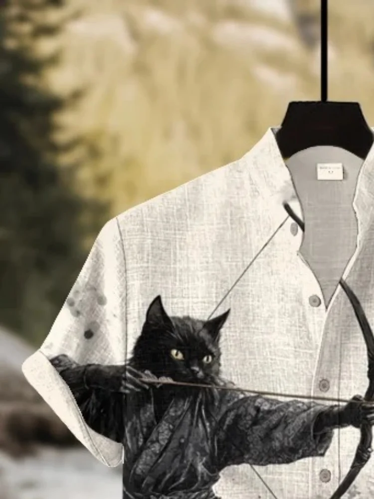 Men's Retro Calligraphy War-horse Black Cat Showa Archer Print Short Sleeve Shirt Ancient - Inspired Art Button Stand Collar Top