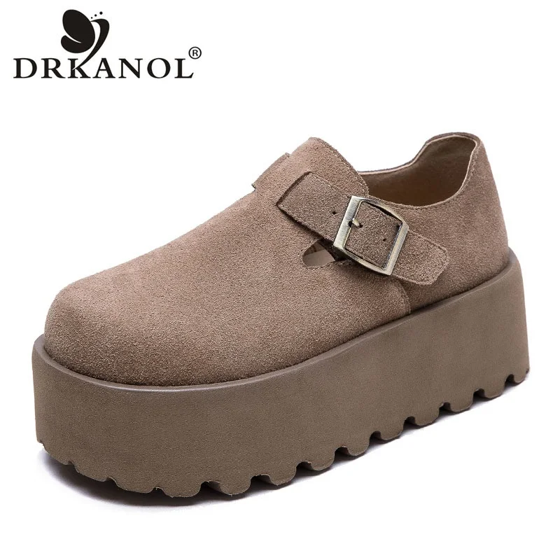 

DRKANOL 2026 Women Loafers Flat Platform Shoes Quality Cow Suede Leather Round Toe Thick Bottom Height Increasing Single Shoes
