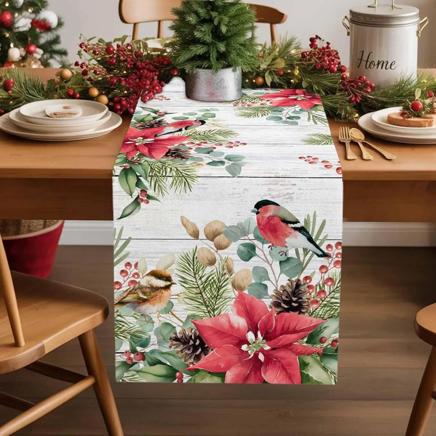 Christmas Poinsettia Berries Wood Grain Table Runner Party Decor Reusable Xmas Kitchen Dining Table Runner Christmas Decorations