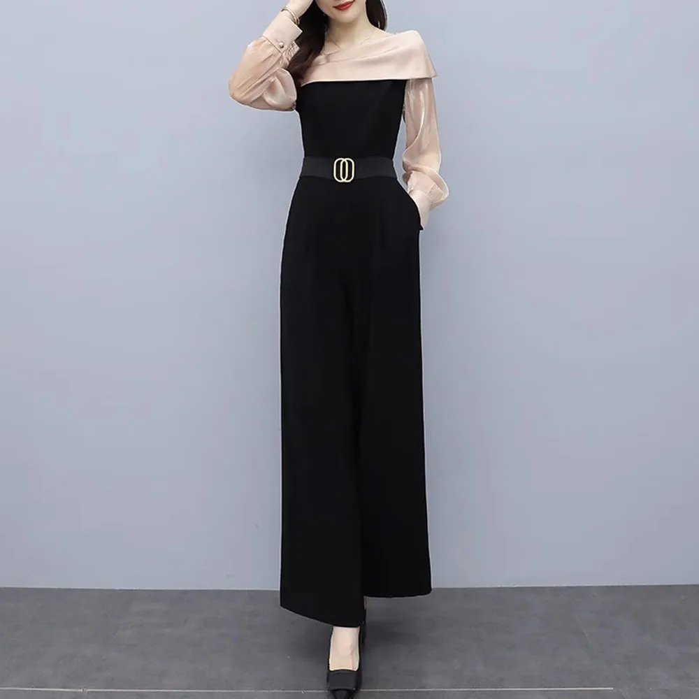 Koreaanse herfst kantoor patchwork wijde pijpen broek chique lange jumpsuit past dames losse elegante rompertjes dames casual werk met riem