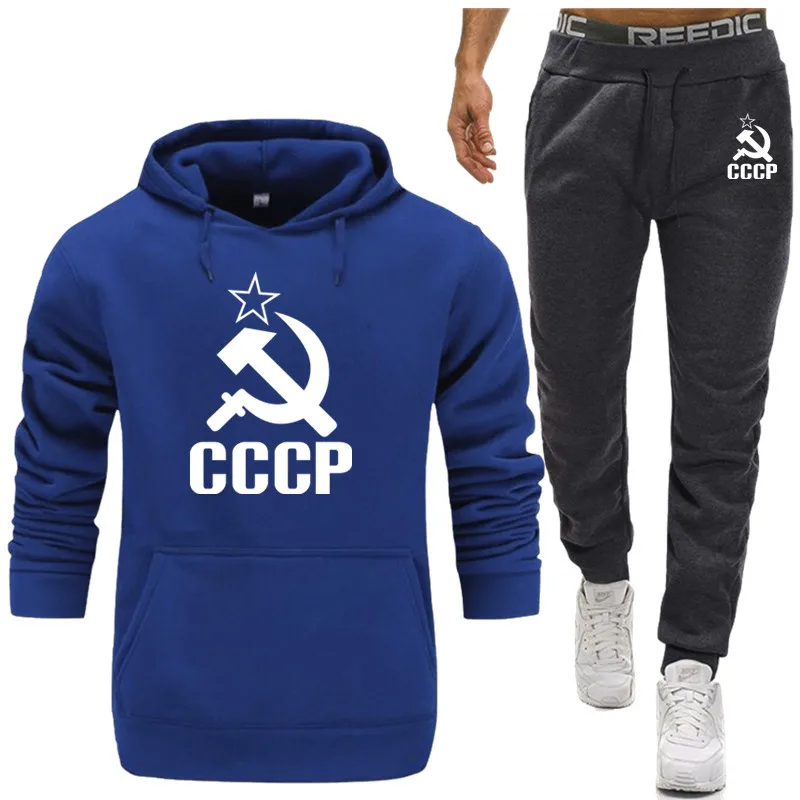 Hot Causal Mens Tracksuit Unique CCCP Russian USSR Soviet Union 2 piece Fleece Thick Set Long Sleeve Sportwear Suit Male Sets