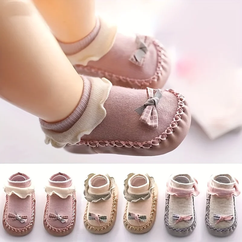 1Pair Cute Baby Toddler Socks - Soft, Non-slip, Lace, Bow Design, Soft Sole Floor Shoe Socks for Indoor and Everyday Wear