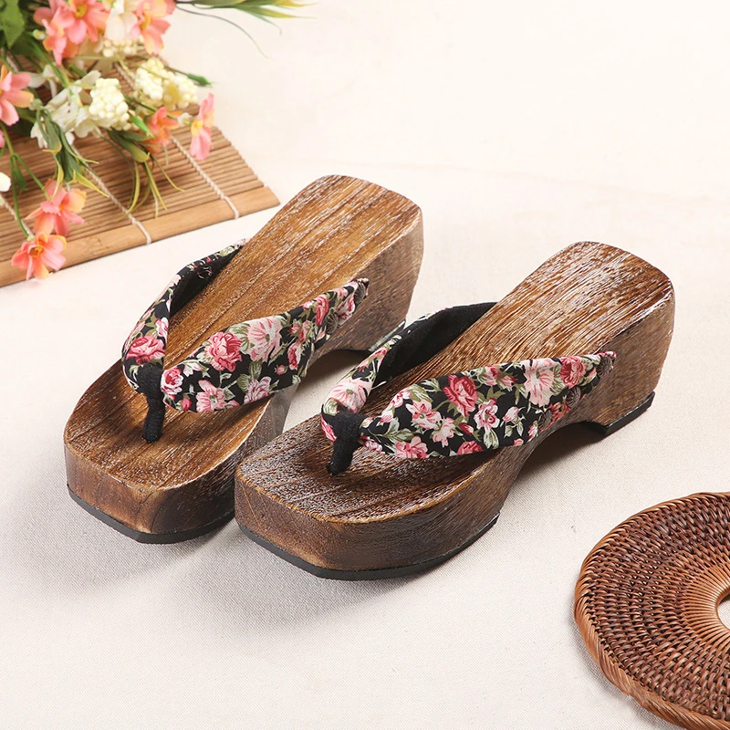 Japanese Geta for Women Japanese Traditional Shoes High Heel Platform Printed Wooden Shoes Five Colors Floral Outdoor Sandals