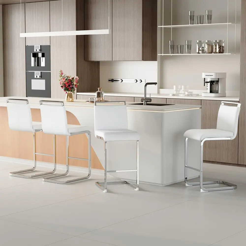 

Counter Height Bar Stools Set o 4 - White Bar Stools or Kitchen Island,25'' Counter Stool with Leather Upholstered Seat,Metal Ki