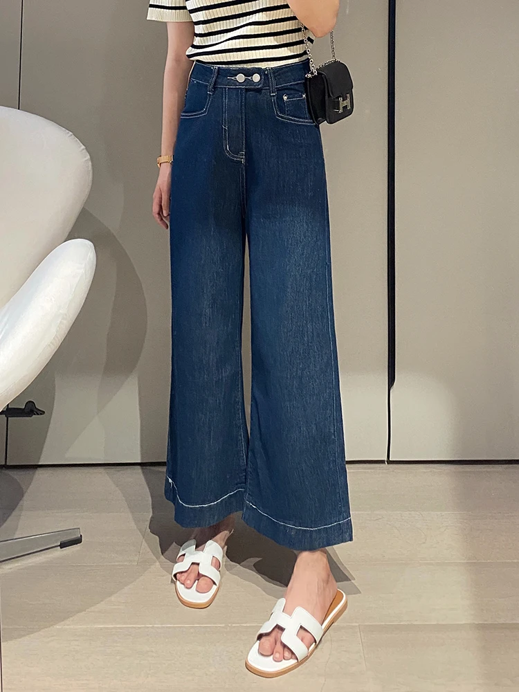 

Deep Blue Slim High Waist Wide Leg Jeans Women Summer Vintage Loose Fit Slimming Nine Point New Sle Casual Straight Cut