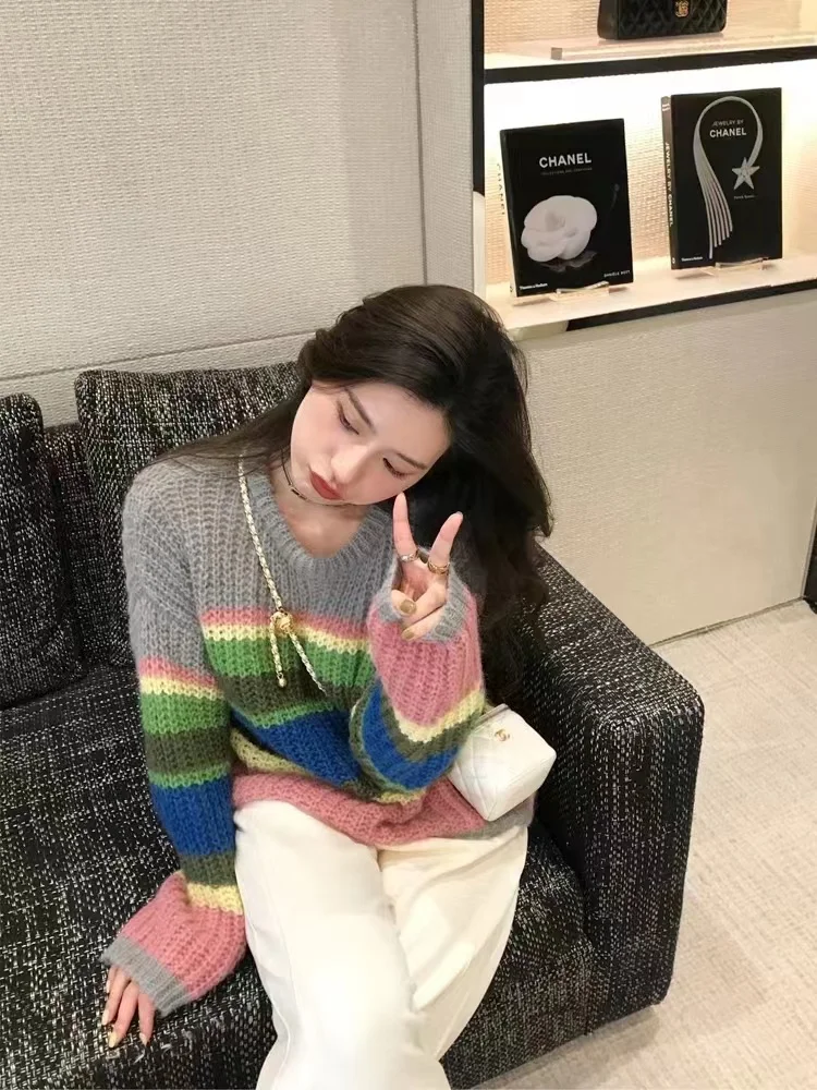 니트웨어 캐주얼 O넥 니트 스웨터 여성 풀오버 신상 긴팔 스트라이프 니트 스웨터 풀오버 여성 탑스 스웨터 Q2570