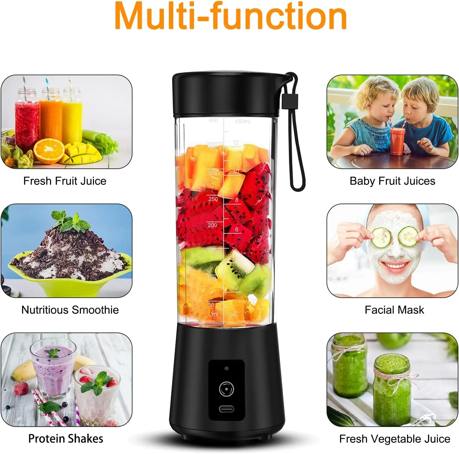 Portable Blender,  Personal Mini Blender Smoothies and Shakes USB Rechargeable Juicer Cup Travel  Fresh Juice Blender (Black)