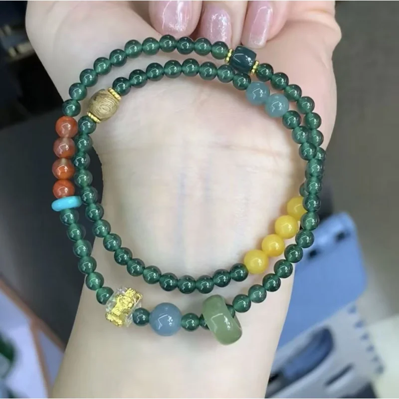 Natural Jadeite A-Grade Design Double-Loop Bracelet with Beeswax and Red Agate