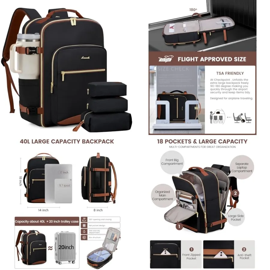 Travel Backpack for Women and Men, Airline Approved Carry On Luggage with 3 Packing Cubes, TSA Overnight Bags, Waterproof Perso