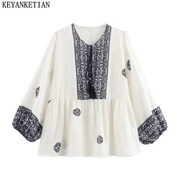 KEYANKETIAN 2024 New Launch Ethnic style Paisley Totem Print Shirt Tassel Lace Up Lantern Sleeve Women's Cotton Linen Blouse Top