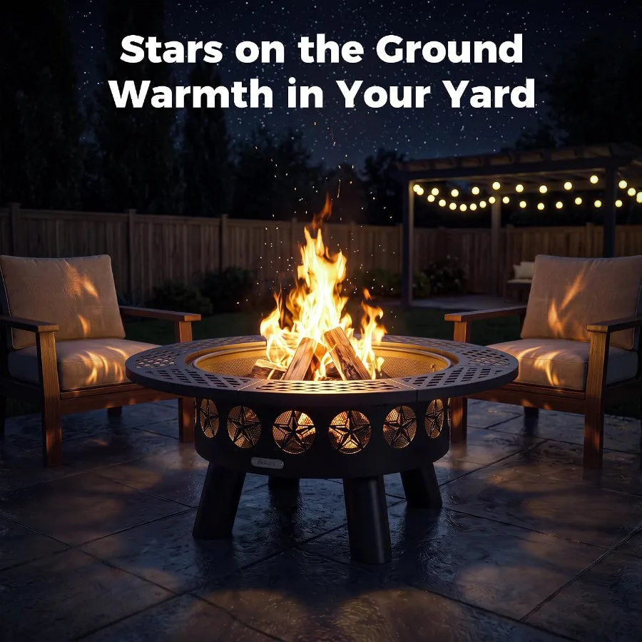 36 Inch Fire Pit, 3 in 1 Wood Burning Fire Pit with 2 Grill Grates Heavy Duty Outdoor Fire Pit BBQ Grill and Dining Table with