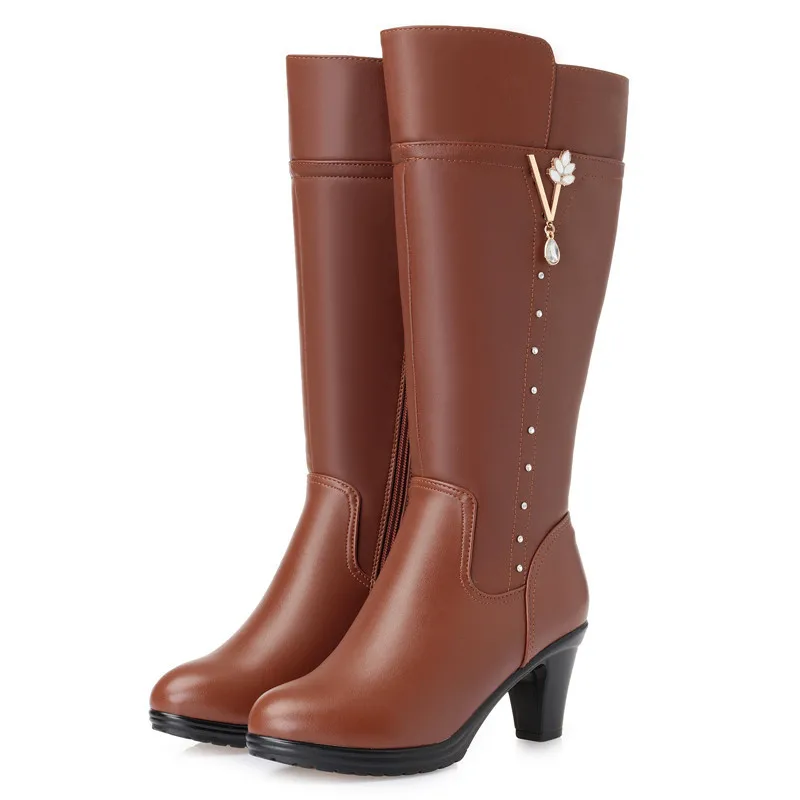 Botas de invierno para mujer, botas femeninas de cuero genuino, talla dropshipping, botas cálidas de lana de tacón alto, botas de montar de