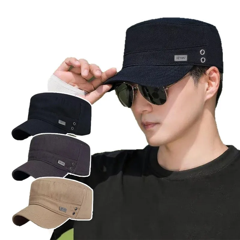 Men Flat Top Military Cap Star Decoration Cotton Army Cadet Hat Adjustable Breathable Side Eyelets Sun Protection Outdoor Cap