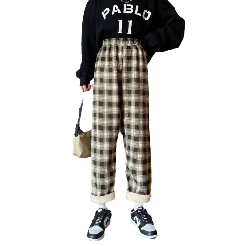LF Fashion Warm Plush Pants Cashmere Thick Plaid Ladies Winter Casual Loose Wide-legged Pants Korean Streetwear Students Women's