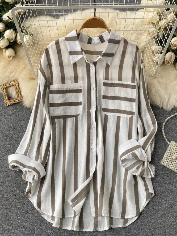 

New Fashion Clothing Summer Lapel Long Sleeve Pocket Striped Button Top Casual Shirt Women's Holiday Autumn Loose Shirt