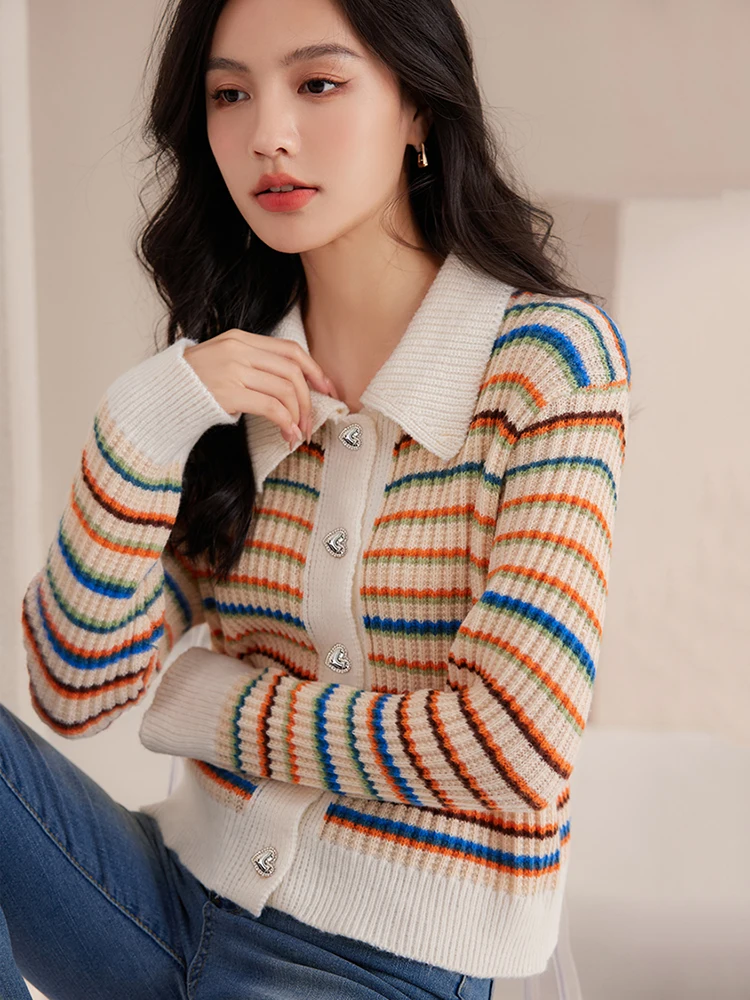 Vintage Color Blocking Rainbow Striped Sweater Women\'s Loose-fit Turn-down Collar Knitted Top Autumn Harajuku Casual Cardigan