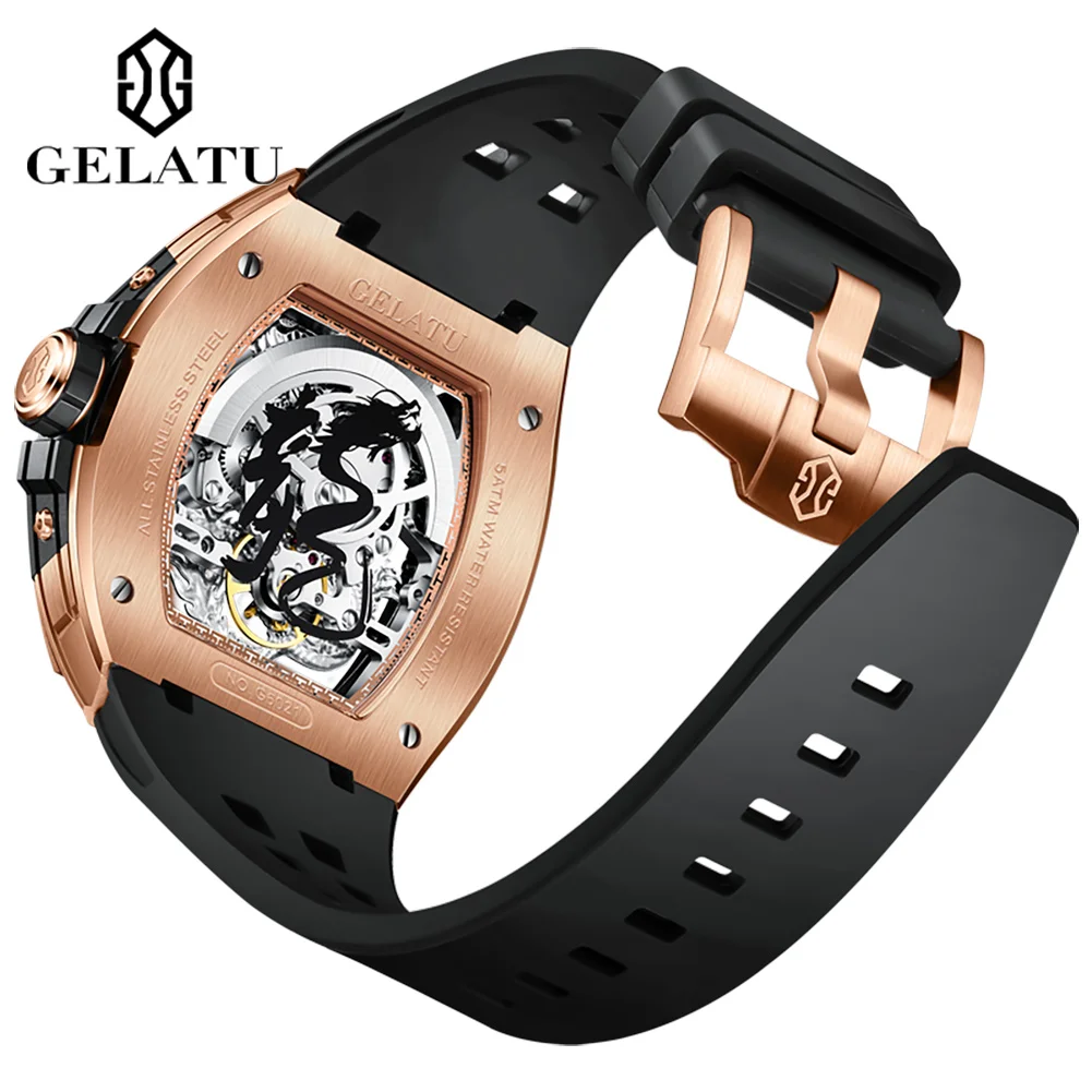GELATU 6021 Tonneau Dragon Watches for Men Silicone Strap Diamond Inlaid Luxury Brand Original Automatic Mechanical Wristwatches