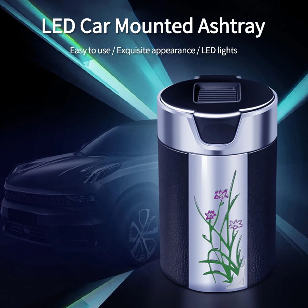 Car Mounted Ashtray Creative Personality With Cover Air Outlet Suspended Car Interior Orchid LED Lamp Car Ashtray