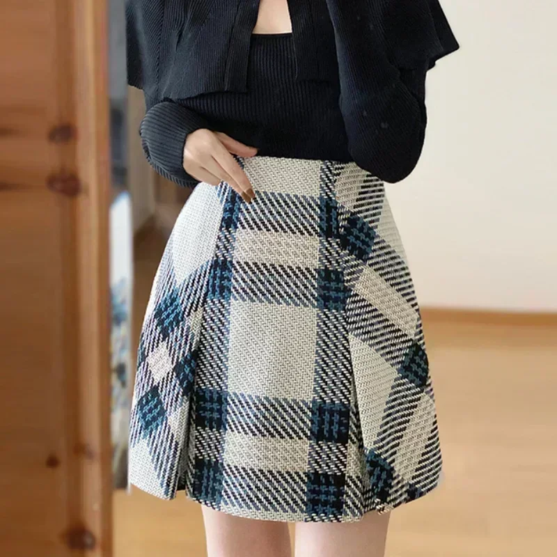 Kuzuwata High Waist Slim Contrast Color Plaid Mini Skirt Kawaii Autumn Winter Japanese Jupe Harajuku Faldas Mujer Moda