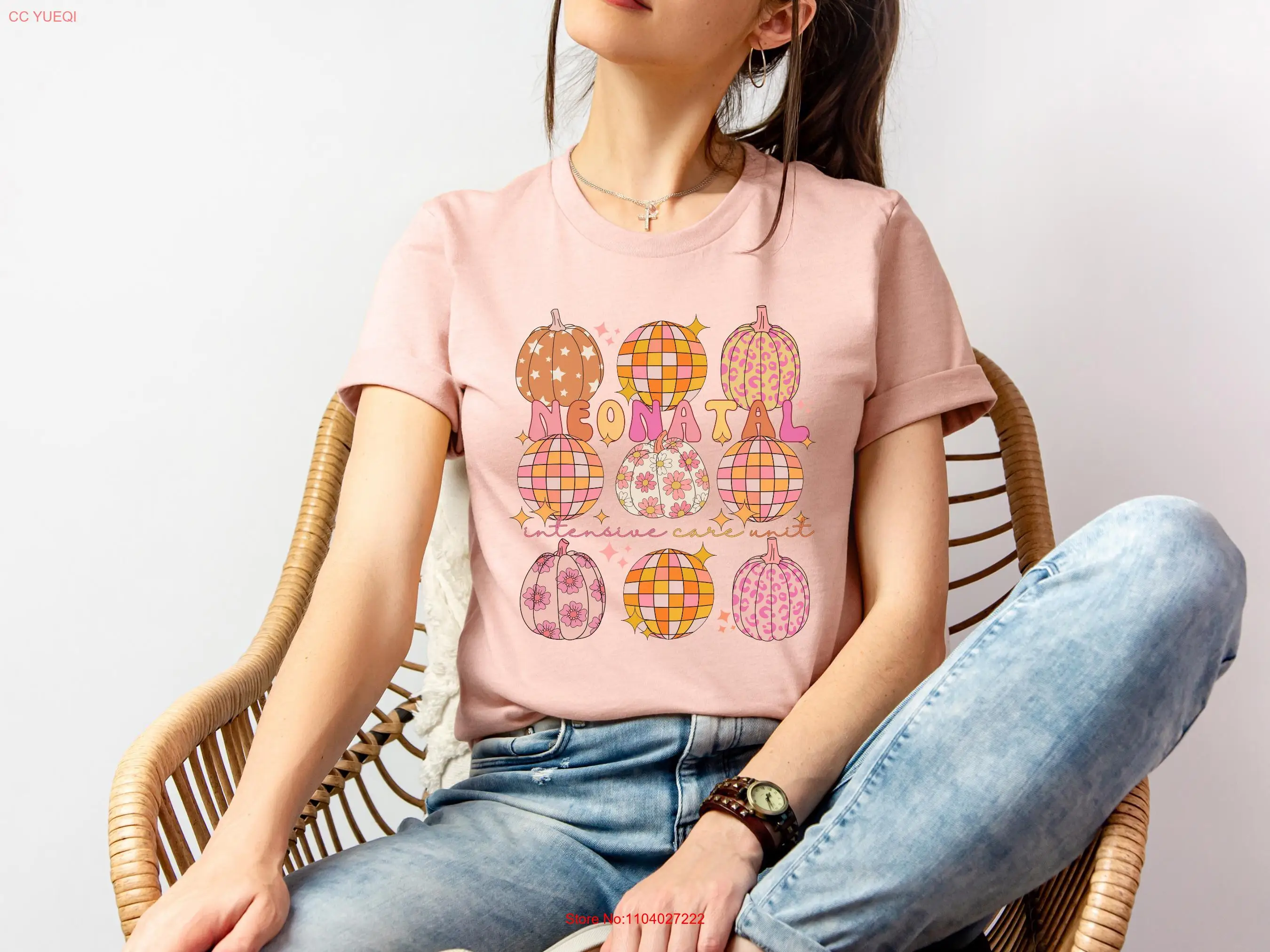 

Футболка NICU для медсестры в стиле ретро, модная осенняя футболка на Хэллоуин, День Благодарения, тыква, неонатальный осенний диско-шар с длинными или короткими рукавами