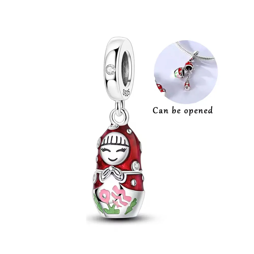 Authentic 925 Sterling Silver Red Series Mushroom Doll Pig Charm Beads fit Bracelets Necklace Women Christmas Halloween DIY Gift