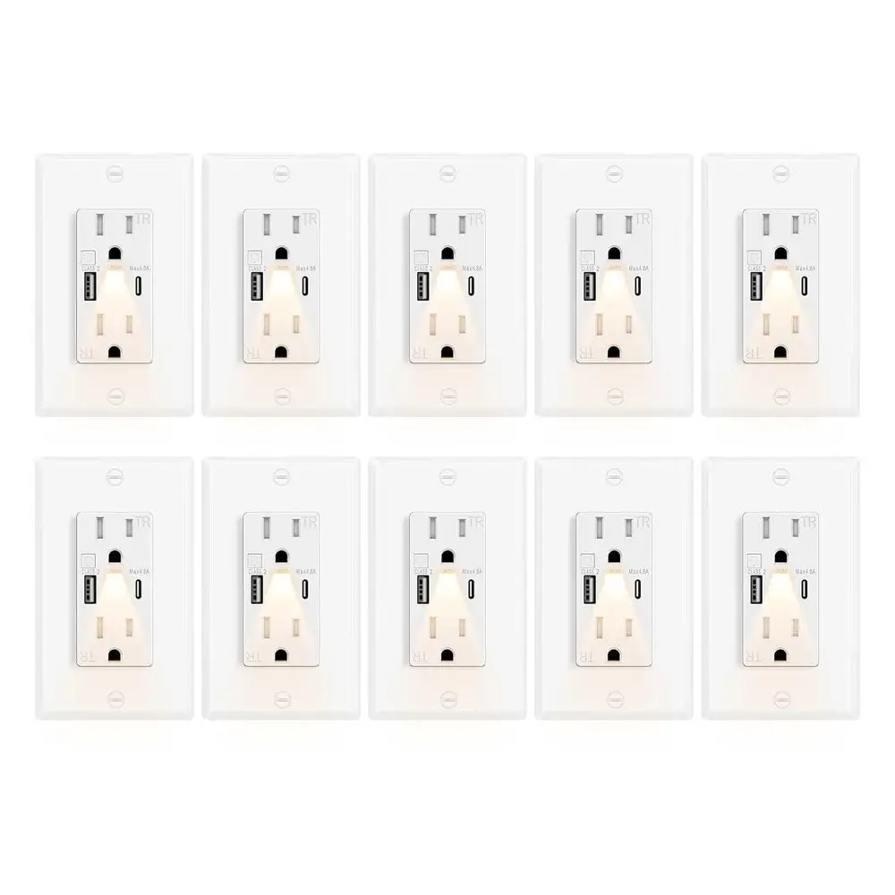 

10-Pack 15A High-Speed Wall Outlets with Built-in Nightlight and 4.8A USB Ports, Tamper-Resistant, Includes Wall Plate, ETL List