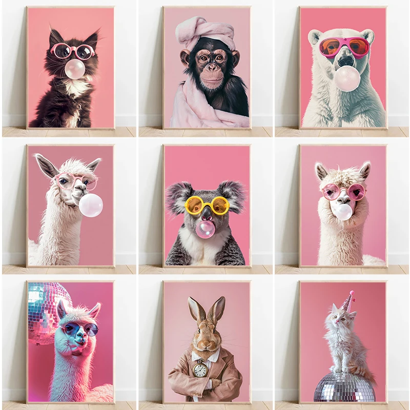 Funny Cute Animal Bubble Party Disco Pink Posters Kitten Llama Koala Prints Canvas Printing Wall Art Picture for Room Home Decor