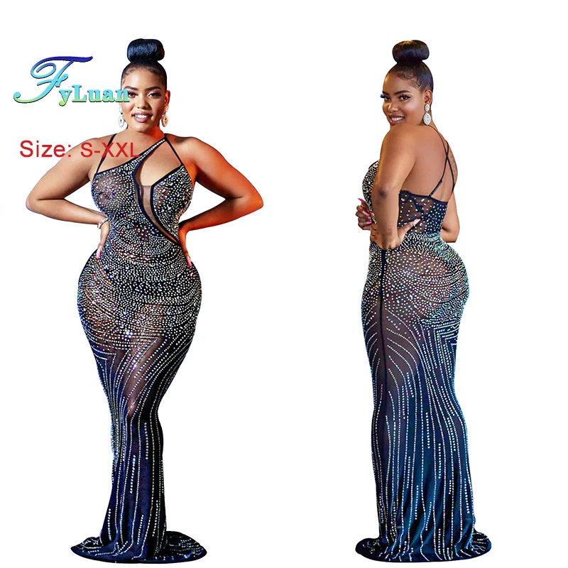 새로운 메쉬를 통해 볼 여성 크리스탈 v 넥 인어 바닥 길이 롱 드레스 기울어 진 어깨 민소매 생일 의상 Night Wea