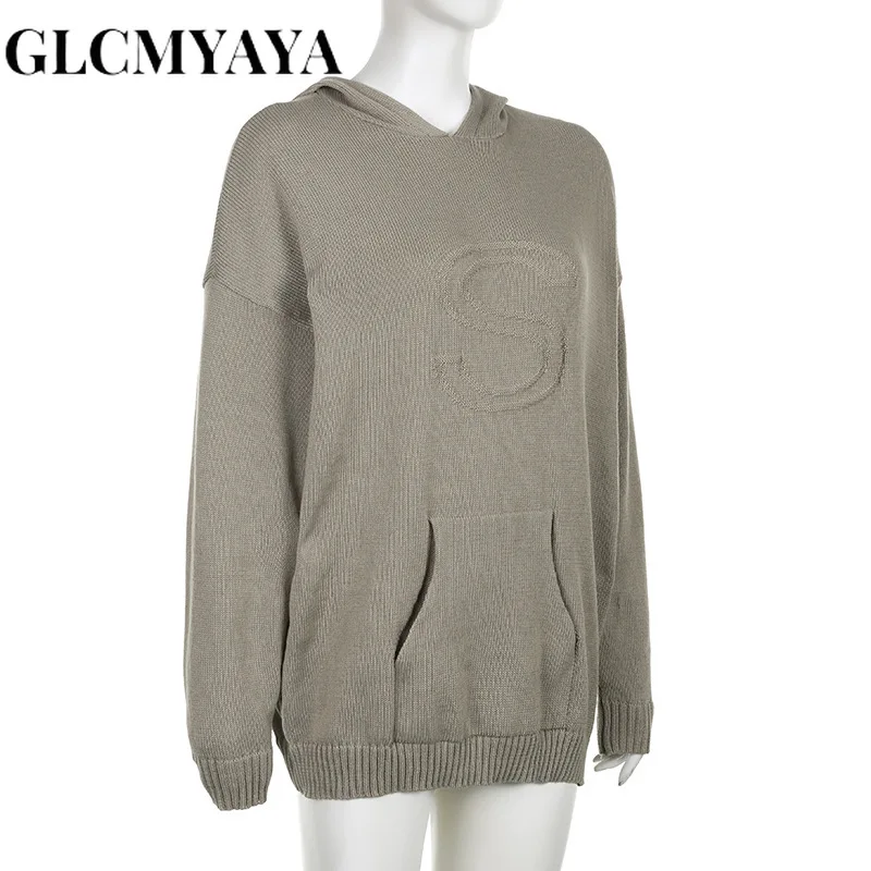 GLCMYAYA Women American Retro LOOSE Letter Pockets Hooded Sweatshirts 2023 INS Streetwear Fashion Basics Long Sleeve Hoodies