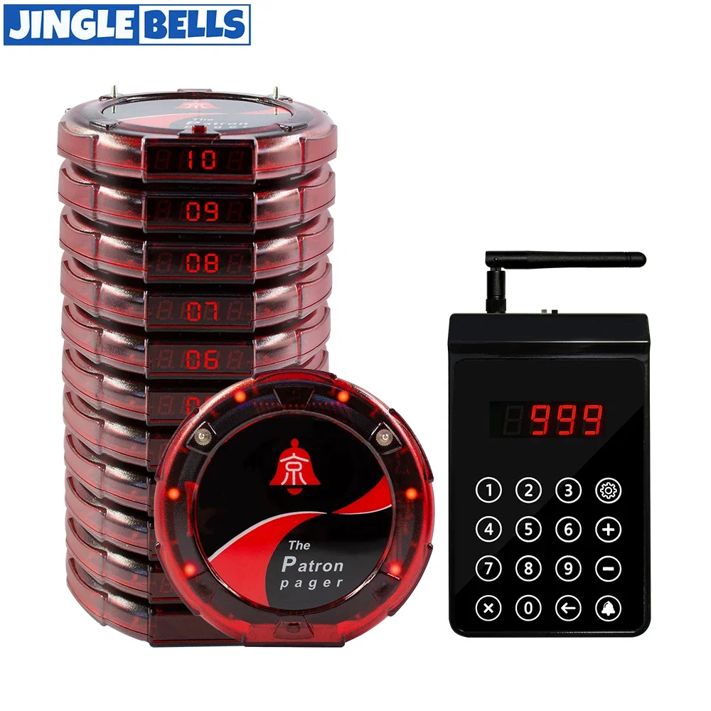 JINGLE BELLS CTP200 Restaurant Pager Calling Paging System 10 Coaster Receiver Restaurants Clinic Queue System Wireless Pagers