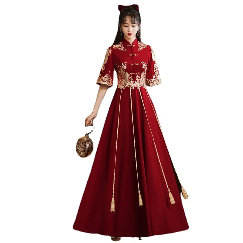 Traditional Red Bridal Dress Chinese Wedding Cheongsam Vintage Elegant Toast Clothing Modern Evening Party Gown Qipao Vestido