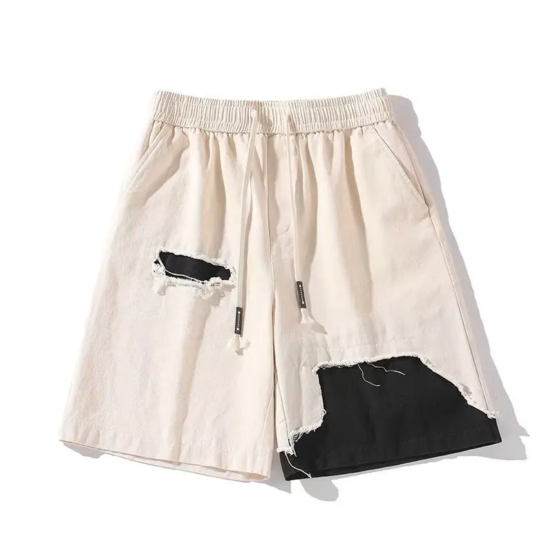 Fashionable and trendy men's color blocking youth street hot selling summer casual denim shorts from Europe and America