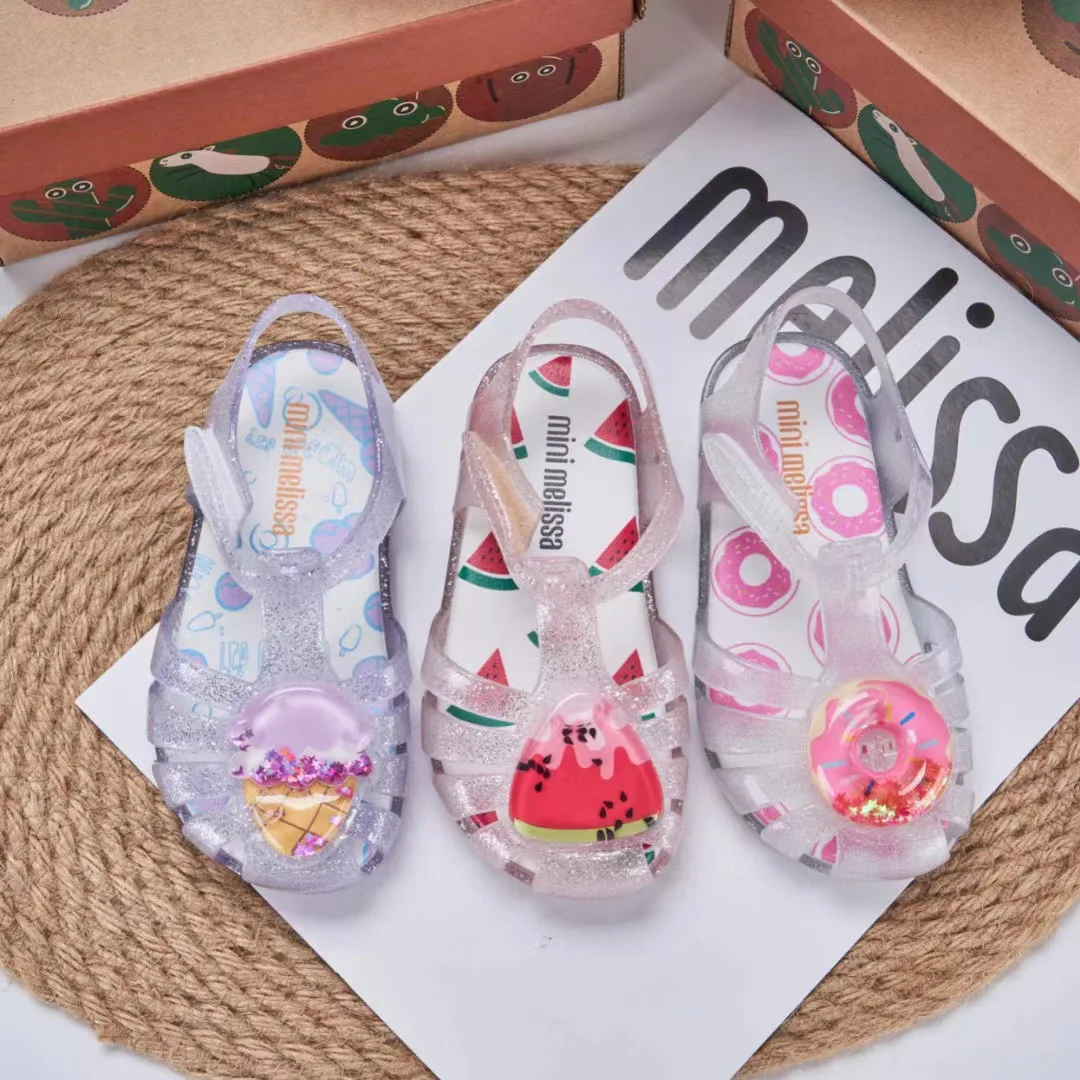 Mini Melissa Children Sandals New Girls Sandals Summer 2023 Soft Peep-toe Antiskid Crystal Princess Children Little Girls Sandal