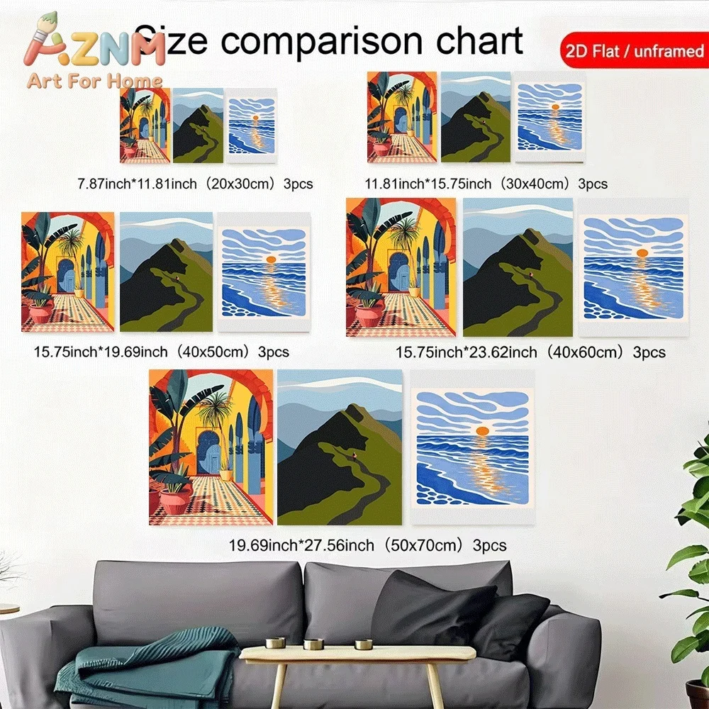 3pcs Unframed Canvas Wall Art Tropical Arch Courtyard Mountain Hiking Ocean Sunset Wave Posters Prints for Living Room Bedroom