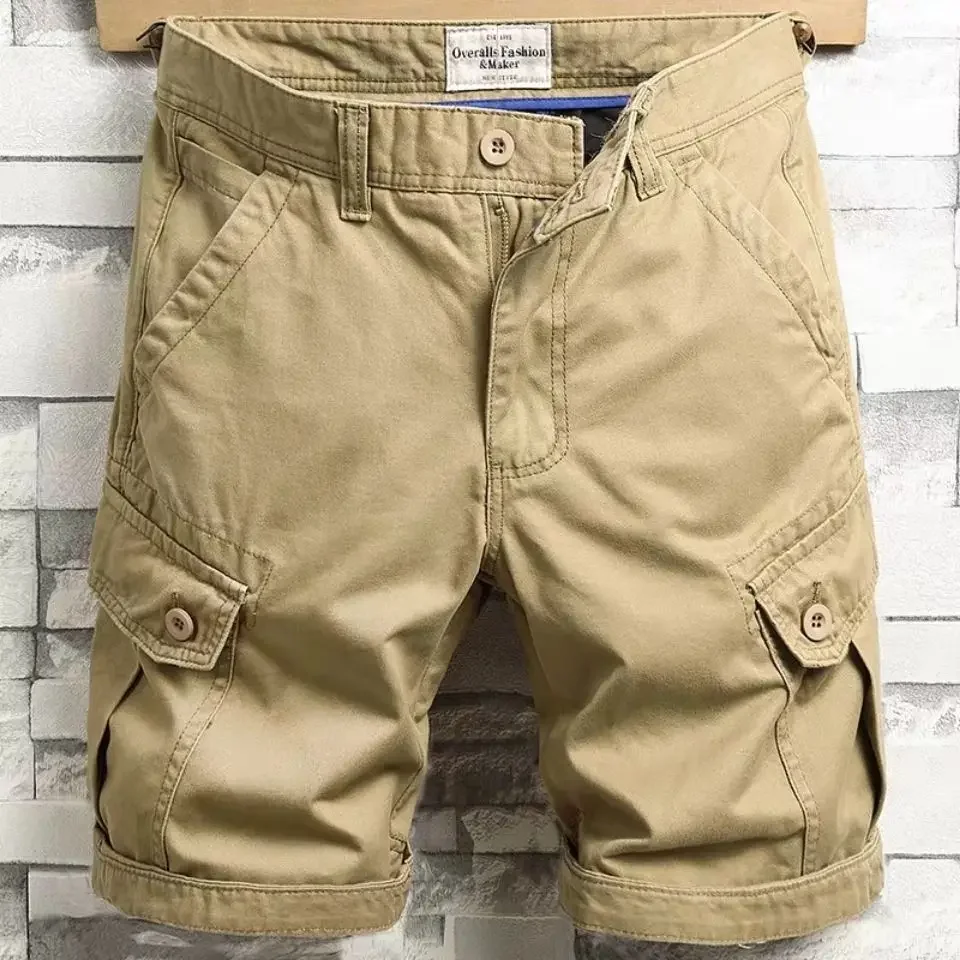 

Wide Baggy Khaki Solid Button Loose Multi Pocket Male Short Pants Men's Cargo Shorts Designer Cotton Hevy Whate Beautiful Y2k