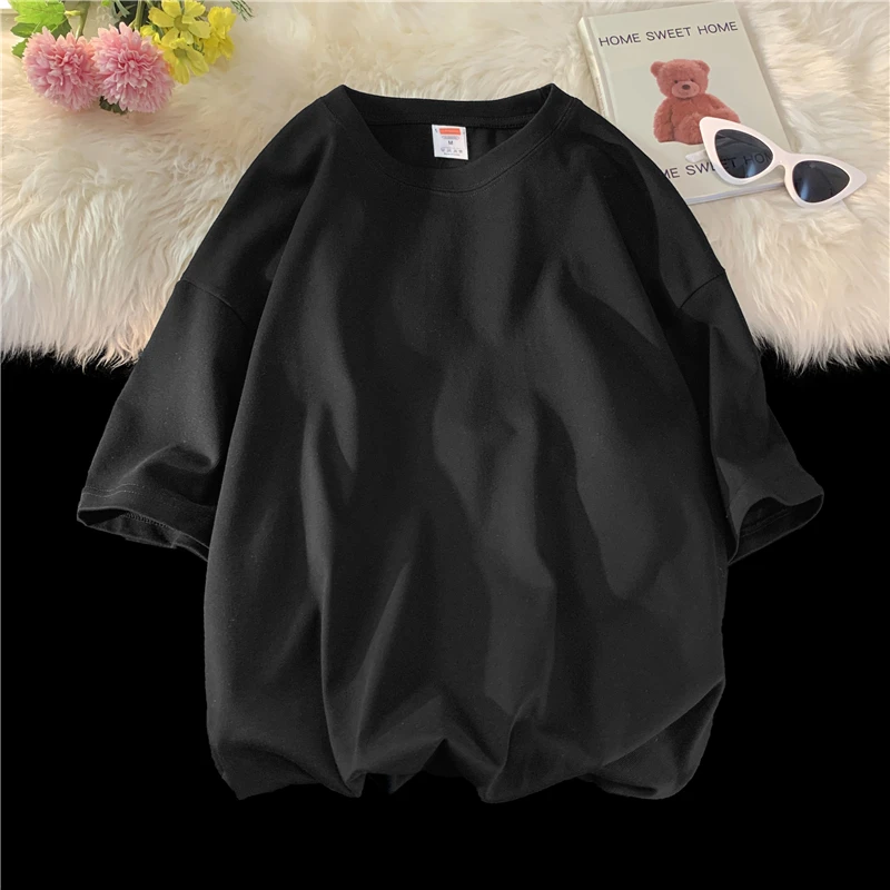 夏 200gsm 綿半袖 Tシャツ男性女性高品質デイリーカジュアル特大 O ネックピュアカラーブラックホワイトトップ Tシャツ