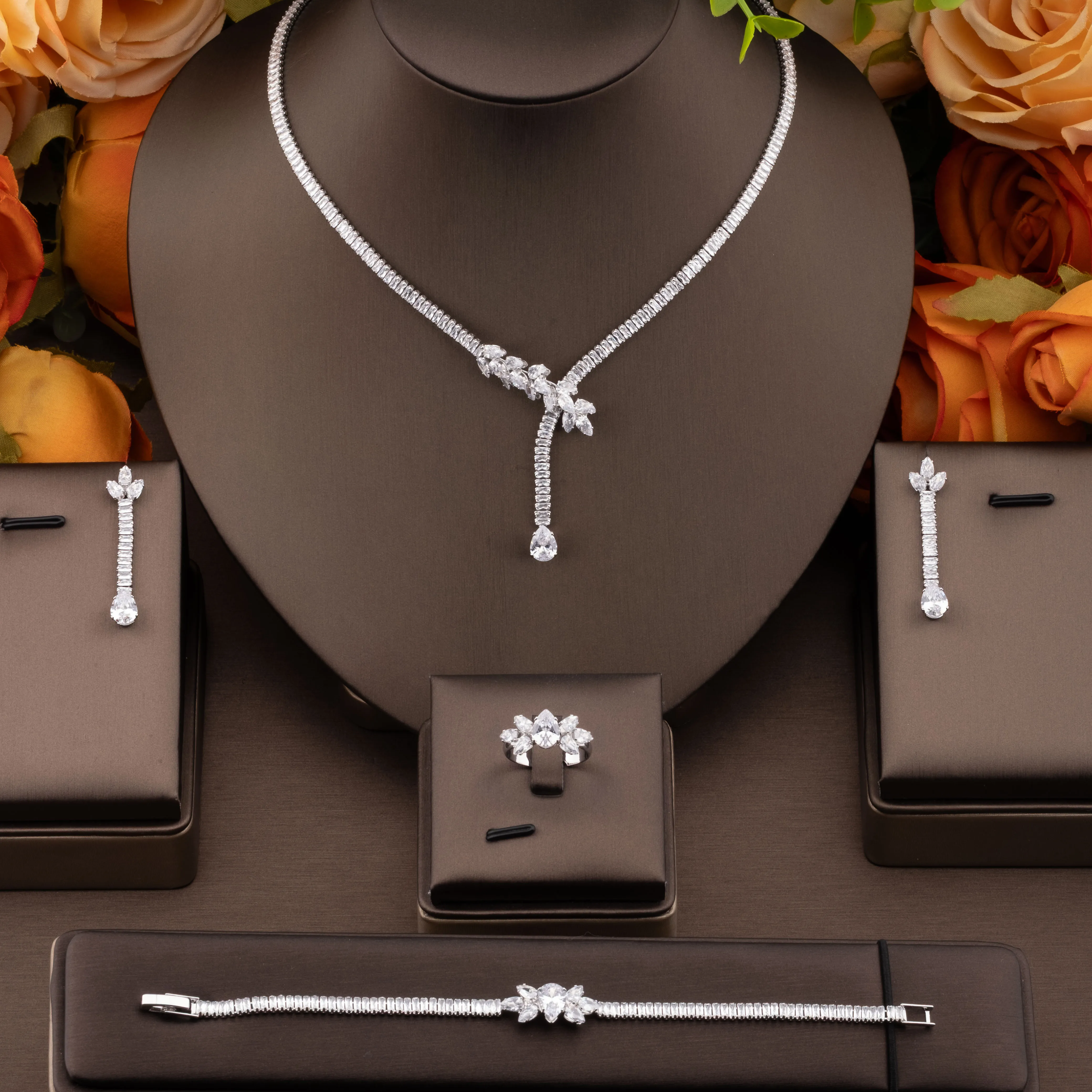 1 Set of Luxurious and Elegant Jewelry Set with Sparkling Cubic Zirconia and Interwoven Teardrop Design, Suitable for Women to Wear at Weddings and Parties. Gift Box Not Included
